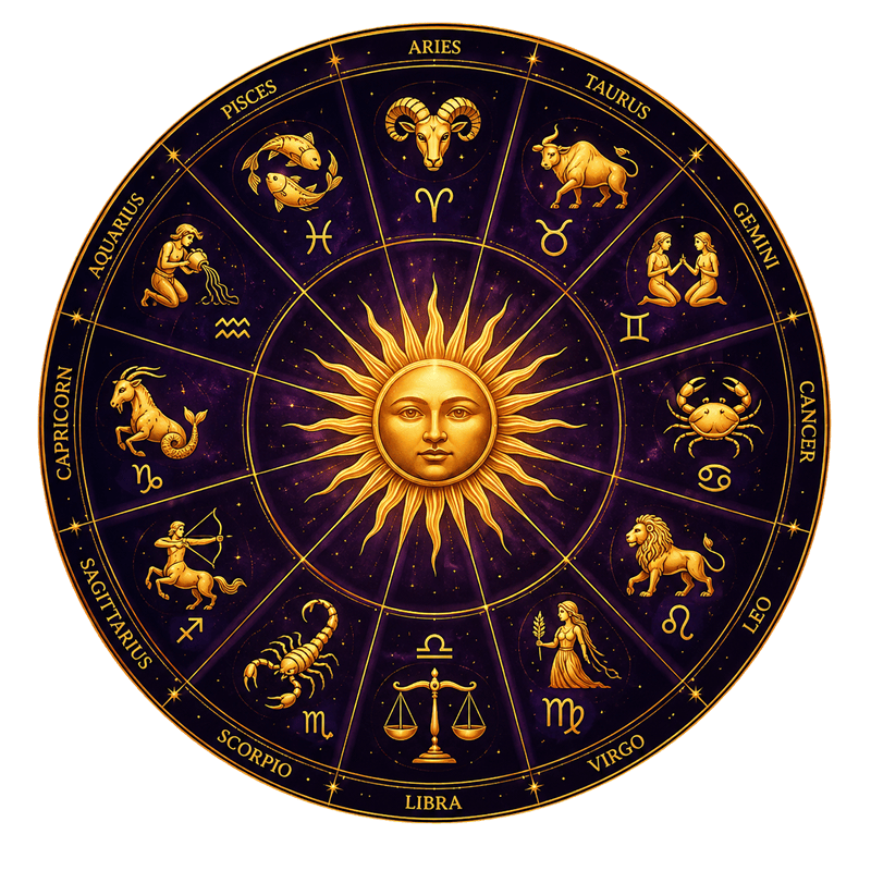 Vedic zodiac wheel with sun at center